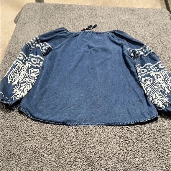 Soft Surroundings Embroidered Indigo Peasant Blouse - White Detail Large - Picture 3 of 8